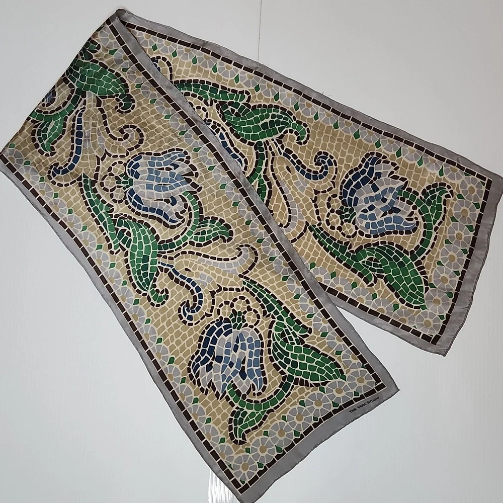 The Vera Studio silk scarf mosaic floral print blue green beige rectangular
